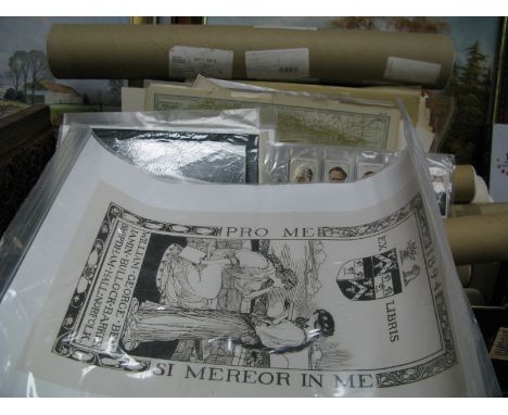 A Quantity of Prints, Maps, Trade Cards, Razors, Flask, other ephemera:- Two Boxes