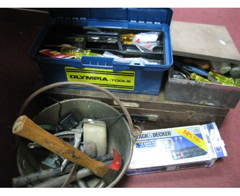A Brass Jam Pan, hammers, spanners, saws, other tools.