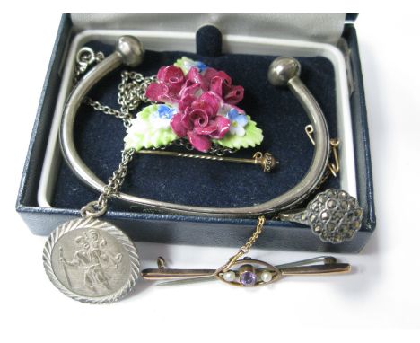 A Bar Brooch, circular collet set, indistinctly stamped, ceramic floral brooch, bangle, pin, ring, etc.