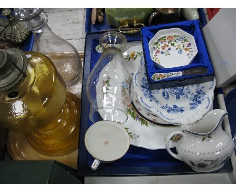 Early XX Century Amber Glass Oil Lamp, decanter, Aynsley bread plate, Wedgwood Trio, etc:- One Tray
