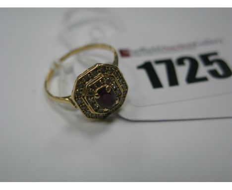 An Art Deco Style Ruby and Diamond Cluster Ring, oval claw set to the centre, within two row border of single cut diamonds, s
