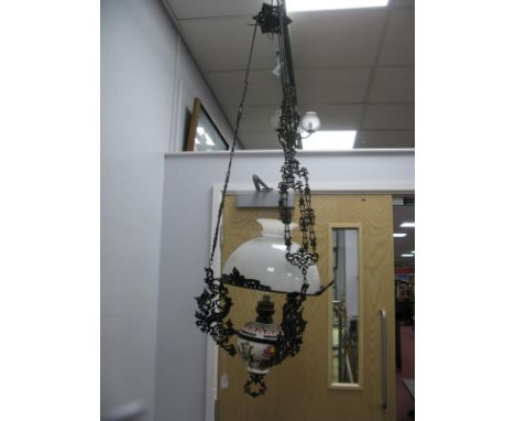 A Continental Gilt Metal Drop Weight Ceiling Oil Lamp, with floral ceramic well and sit in base.