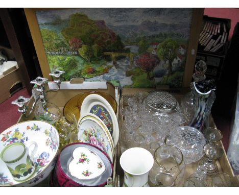 Caverswall Fruit Bowl, Royal Albert heart shaped trinket box, Webb Rose Bowl, decanter, mottled vase, other glass ware, monog