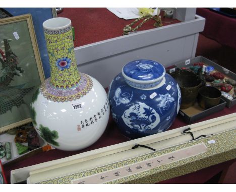 Chinese Blue and White Pottery Ginger Jar and Lid, 23cm high, bulbous vase with elongated yellow and floral neck, 41.5cm high