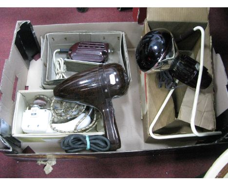 Vintage Bakelite Household Items, red bakelite sander, Dugo hairdryer, massager, plus a Philco heat lamp:- One Box
