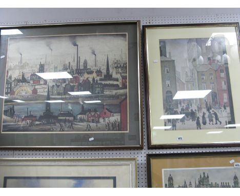 After L.S.Lowry Northern Industrial Town, with river church and figures, colour print 55.5 x 69.5cm, another street scene, bo