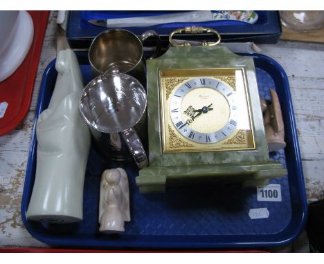 A Baronet of London Onyx Cased Carriage Clock, Elkington mug, tankard, three hardstone figures:- One Tray
