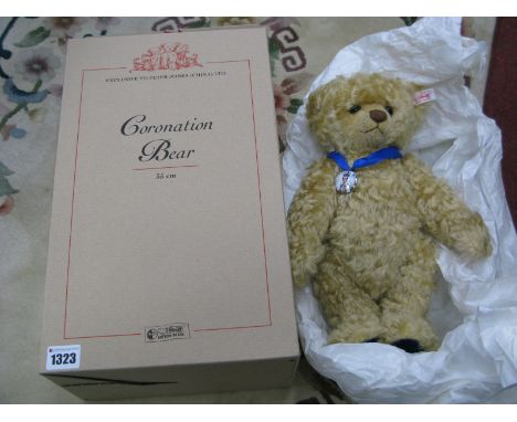 A Modern Steiff Jointed Coronation Bear, #660870, 35cm high, certified No.01533 of Limited Edition 1,953  pieces, wearing a R