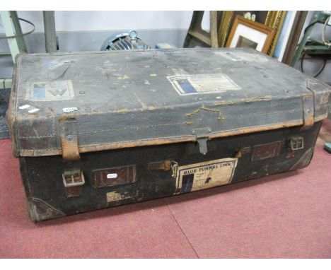 An Early XX Century Trunk, with leather handles, with blue funnel line.