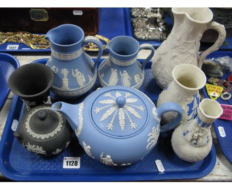 Wedgwood Powder Blue Teapot and Jugs, black bowl and cover and vase, Parian relief moulded jug and vases:- One Tray