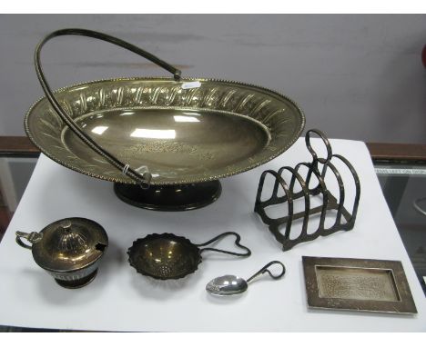 A Hallmarked Silver Lidded Mustard, on circular spreading base; a hallmarked silver tea strainer, with shaped loop handle; a 