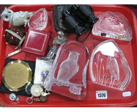 Enamelled Trinket Boxes, Capredoni paperweights, Stratton compact, Tohyoh 6 x 15 Binoculars, fruit knife, etc:- One Tray