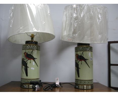 A Pair of Ceramic Table Lamps, with Greek key and exotic bird decoration.