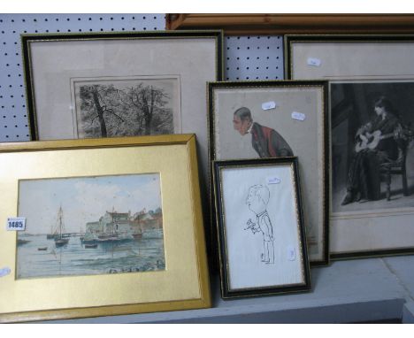 An Early XX Century Watercolour of 'Yarmouth', 16.5 x 24.5cm, (foxed) and two engravings, spy print, one other. (5)