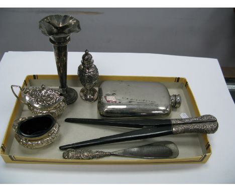 Hallmarked Silver Vase, decorative plated three piece cruet, glove stretchers, shoe horn, JD&amp;S plated hip flask.