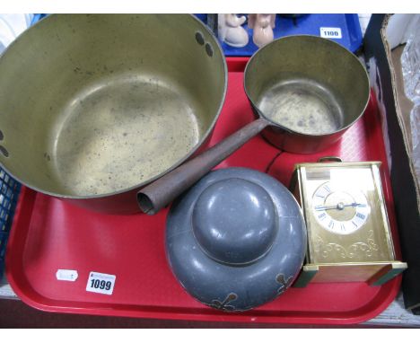 Brass Jam Pan, with iron handle, saucepan, metal ginger jar with applied brass cherry blossom, quartz carriage clock:- One Tr