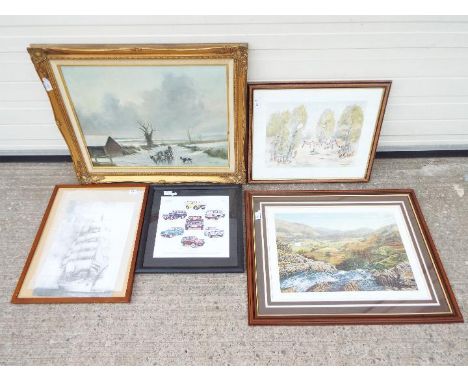 A collection of pictures to include a framed oil on canvas depicting a shepherd and sheep, a pencil signed landscape print af