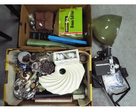 A mixed lot to include vintage cine camera, editing equipment, ceramics, plated ware and similar, two boxes. [2]