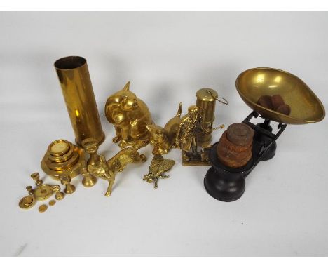 Lot to include kitchen scales and weights, various brass ware comprising ornaments, safety lamp and other.