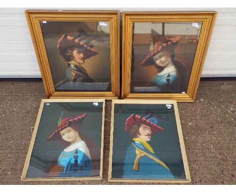 Two framed oil portraits of a lady and a gentleman, copied from a pair of prints, signed by the artist A Wood and dated 1963 