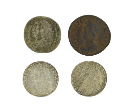 George II sixpences: 1746 Lima; 1758 Hearts (x2); and a farthing 1733 (4)