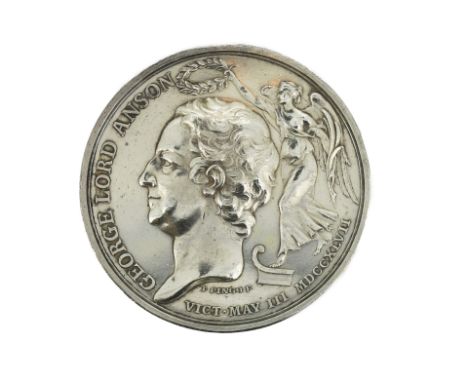 George Lord Anson, 1747 silver medal by T. Pingo, commemorating the French Defeated off Cape Finisterre, portrait left, rever