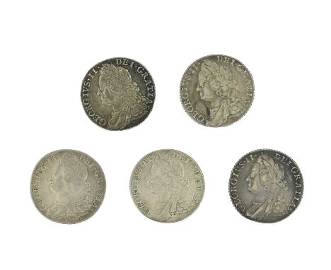 Five George II shillings: 1745, Lima; 1747, roses; 1758 x3