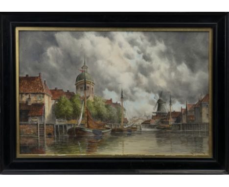 LOUIS VAN STAATEN (AKA HERMANUS KOEKKOEK JR) (DUTCH 1836 - 1909), DUTCH RIVER SCENE watercolour on paper, signed 39cm x 60cm 