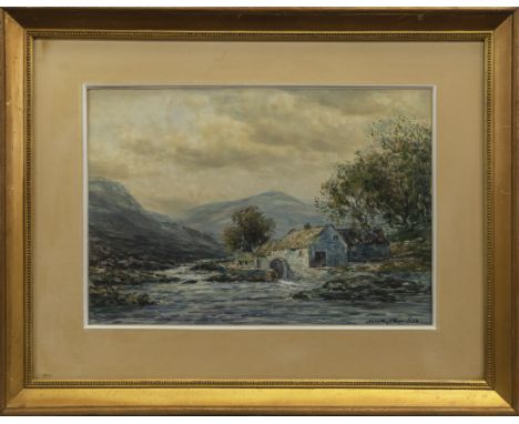 JOHN HAMILTON GLASS (SCOTTISH 1820 - 1885), A HIGHLANDSCAPE WITH A WATERMILL watercolour on paper, signed 34cm x 50cm Mounted