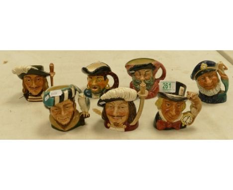 Royal Doulton Small Character Jugs: Porthos, Mad Hatter, Falstaff, The Falconer, Old Salt, Aramis &amp; similar item(7) 
