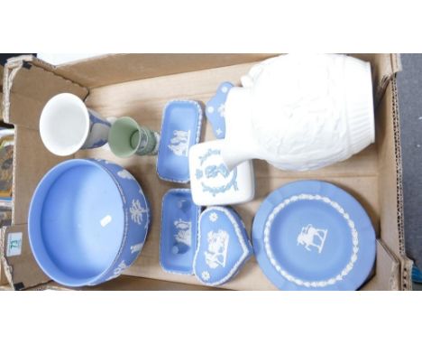 A Collection of Wedgwood Jasper &amp; Cream Ware to include: trinket boxes, jug, vases, large fruit bowl (nip to lip) 
