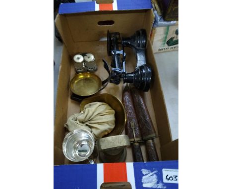 A mixed collection of items to include cast iron scales, Burmese decorative knives etc. 