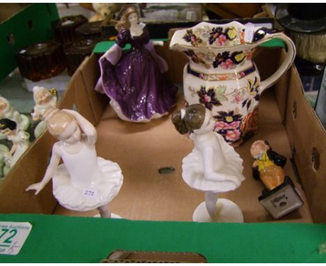 A collection of pottery items to include: Royal Doulton Seconds Ballerina figures, similar Pickwick figure, Masons Mandalay j