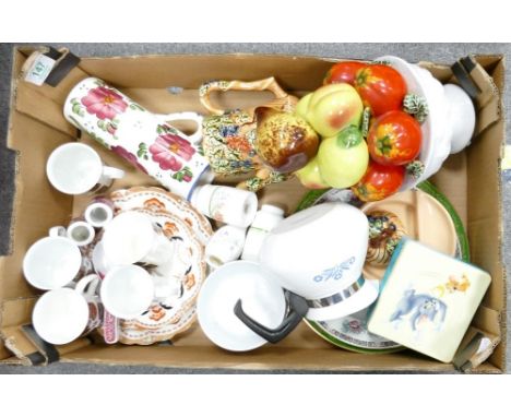 A mixed collection of items to include coffee cans: plates, ceramic basket with fruit, salt and pepper pots, bowls, coffee po