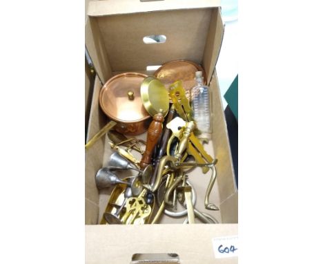 A mixed collection of items to include copper pans: military issue button polishers, fire irons etc. 