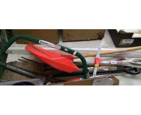 A collection of garden tools: spade, shovel, racks etc 
