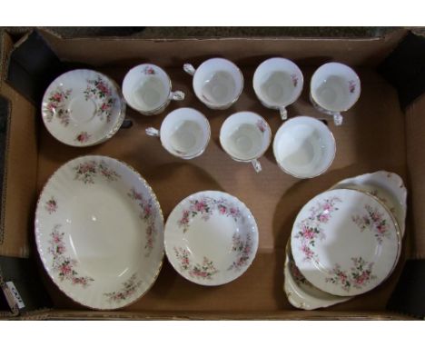 Royal Albert Lavender rose tea and dinner ware: to include veg dish, 6 saucers, 6 cups, 6 bowls, sugar bowl, small oval dish 