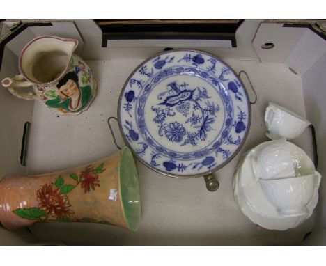 A mixed collection of items to include: Royal Doulton Chrysanthemum vase, Sutherland water jug, blue &amp; white plate warmer