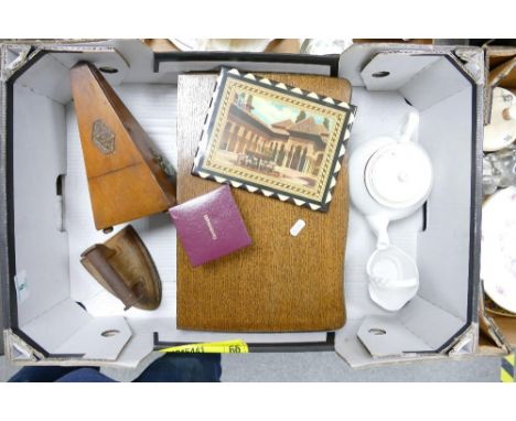 A mixed collection of items to include: wooden Cased metronome, oak cased canteen of cutlery, metal iron etc 