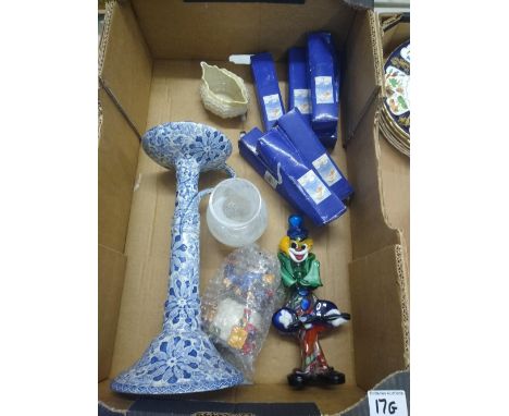 A mixed collection of items to include: the snowman boxed spoons, murano glass clown, Wood &amp; son chung patterned candlest