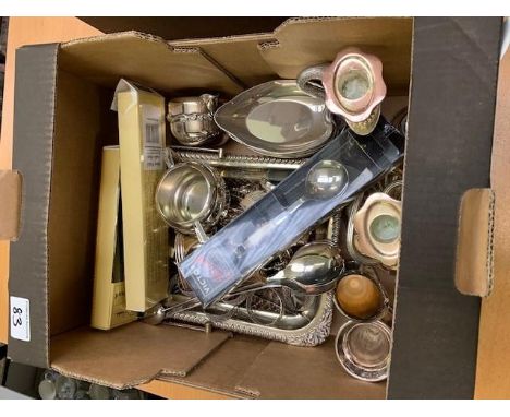 Metal and silver plated items: to include candlestick, clock, napkin rings, basket etc (1 tray) 