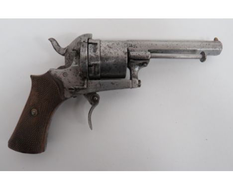 Belgian Pinfire Pocket Revolver  7 mm PF, 3 1/4 inch, octagonal barrel.  Fitted with side mounted, steel clearing rod.  Six s