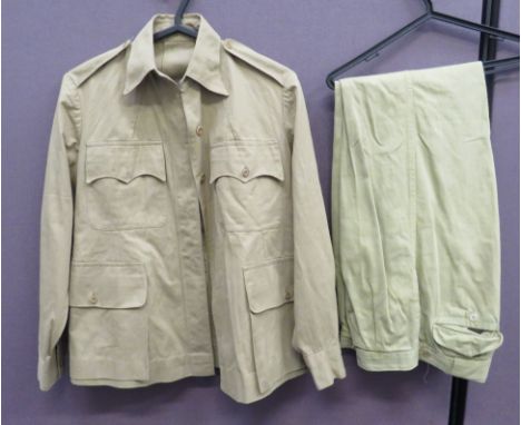WW2 British Bush Shirt and Trousers  light khaki, cotton, single breasted, closed collar tunic.  Patch chest pockets and lowe