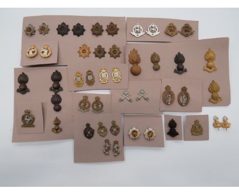 Selection of Corps Collar Badges  including pair KC white metal A.P.T.C. ... Pair KC bi-metal RAEC ... Pair QC plated Royal M