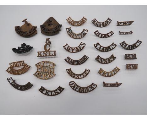 Selection of Infantry Shoulder Titles  brass titles include 3. C. KSLI ... N Lanc ... Loyals ... N Lancashire ... Notts and D