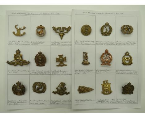 Selection of New Zealand Cap Badges including gilt 10th Nelson Mounted Rifles ... KC bi-metal 1st Canterbury Reg ... Bi-metal