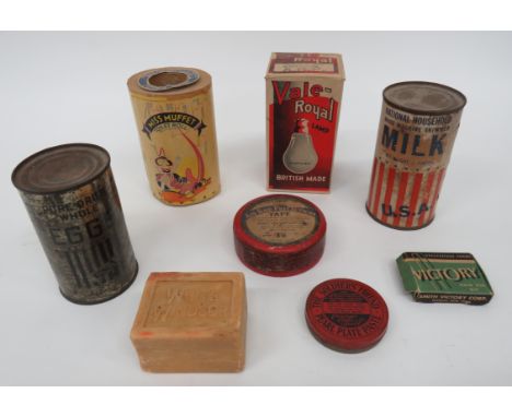 Selection of WW2 Packaging  including National Household, dried, machine skimmed milk tin, complete ... Pure dried whole eggs