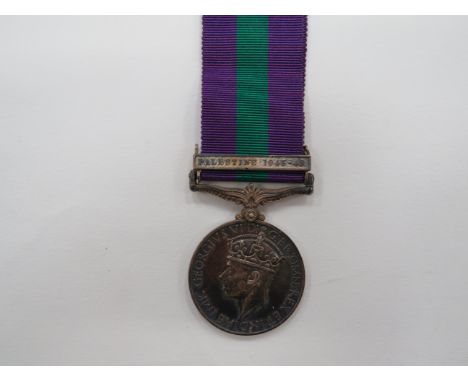 Single Bar General Service Medal Army Pay Corps  King GVI example with bar Palestine 1945-48.  Named “E.C. 981 Pte D Mosala A