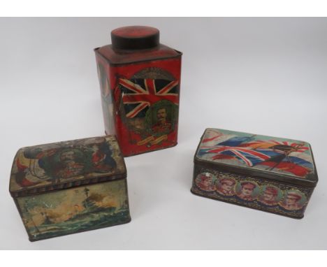 Three WW1 Period Great Leaders Printed Tins  consisting large, shop, tea caddy with King George V, Field Marshall French, Ear