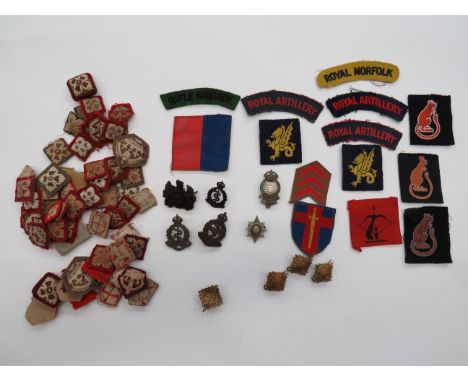 Selection of Various Badges and Officer Rank  including embroidery Rifle Brigade title ... Embroidery Royal Norfolk title ...
